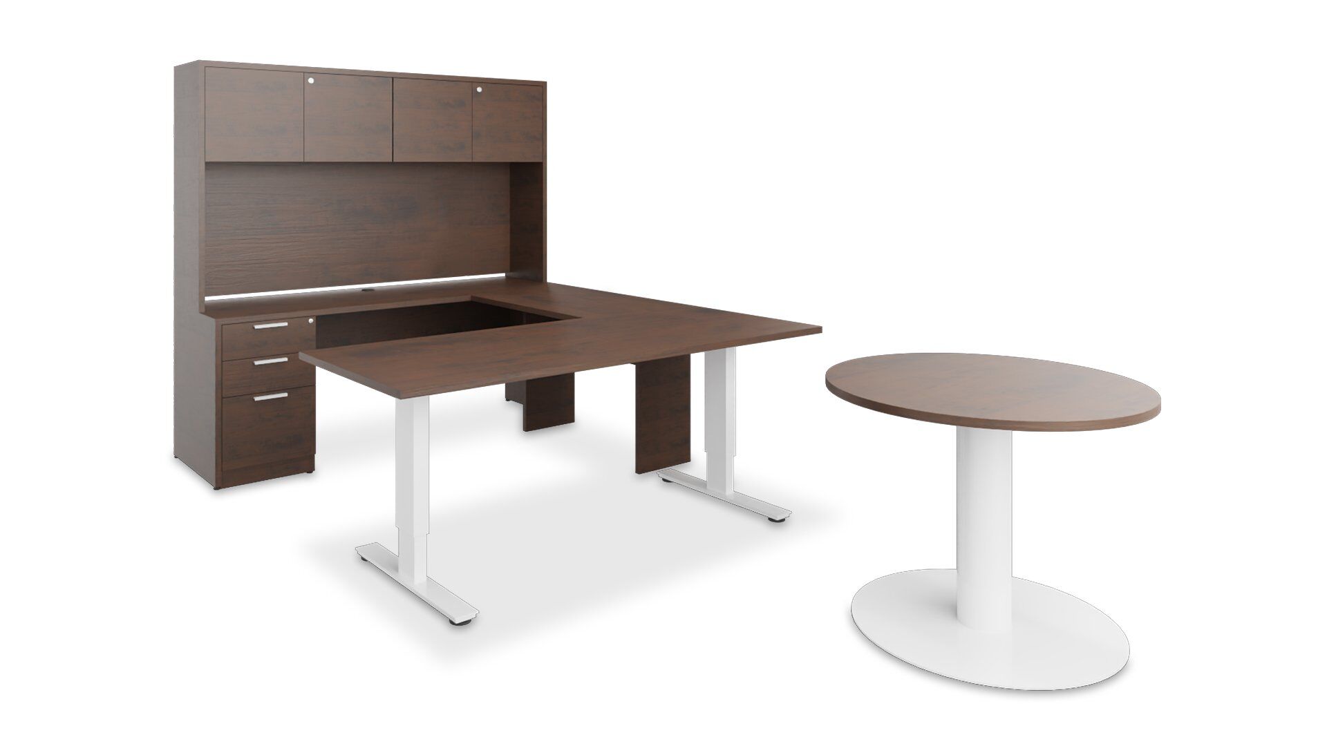 Typical u-shape office furniture: Height adjustable desk, hutch with mixed storage and a meeting table